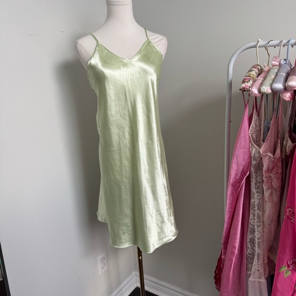 Y2K Pistachio Green Satin Slip Dress Fairycore Minimalist Lingerie Tinkerbell M - Picture 2 of 6
